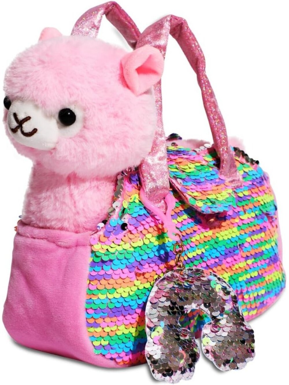 Girls Pink Llama Dog Purse Animals Reversible Sequins & Charm Stuffed Animal
